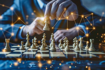 Poster - Businessman strategically moves a king chess piece on a chessboard while playing chess