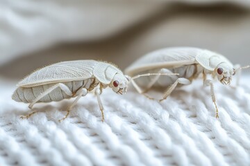 Aufkleber - Close examination of two white insects on fabric reveals unique texture and details of their anatomy in natural light