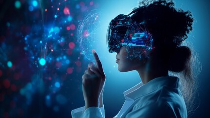 Poster - cyber big data flow particles tech business or science background. medical research or tech innovati
