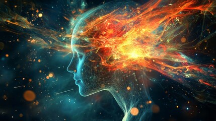 Poster - cyber big data flow particles tech business or science background. medical research or tech innovati