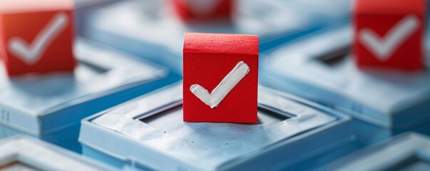 Aufkleber - Stand out from the crowd: a unique red cube with a check mark among blue cubes with check marks
