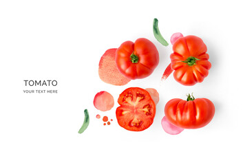 Wall Mural - Creative layout made of tomato and watercolor spots on the background. Flat lay. Food concept. Lemon on white background.