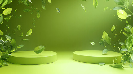 Poster - Green podiums surrounded by fresh leaves on a vibrant green background, symbolizing eco-friendly product display, sustainable concepts, and natural harmony
