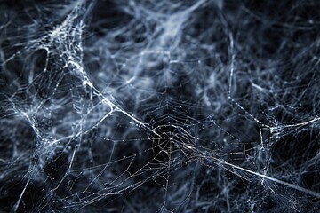 Poster - Delicate spiderweb adorned with tiny dew drops against a dark backdrop