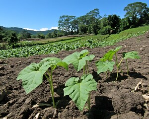 Poster - Young Plants Growing in a Lush Farmland Setting