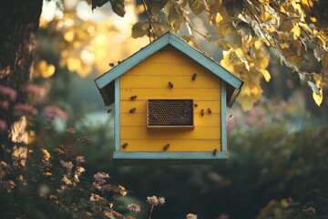 Poster - Colorful bee house hanging among trees in a vibrant garden during late afternoon