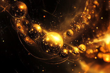 Aufkleber - Abstract golden spheres interconnected with glowing light trails on a dark background, symbolizing futuristic design, technology, innovation, and cosmic concepts