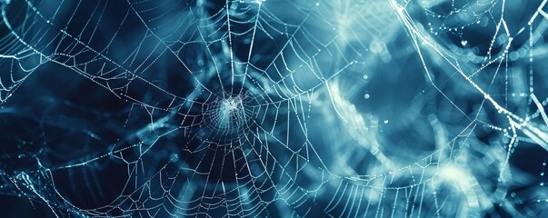 Intricate spider web glistening with dew drops in morning sunlight