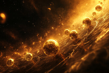 Poster - Golden spheres floating in a glowing cosmic environment with interconnected energy waves, representing concepts of innovation, science, space, and futuristic design