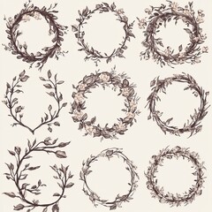 Wall Mural - Hand-drawn vintage rustic branch frame borders in a modern set