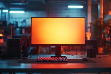 Aufkleber - Modern computer setup with a vibrant screen in a stylish workspace during evening hours