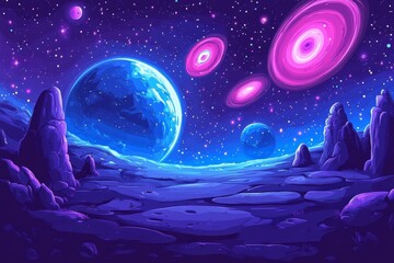 Poster - Vibrant cosmic landscape showcasing distant planets and glowing galaxies in an imaginative space setting
