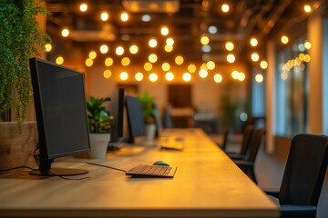 Aufkleber - Modern workspace with glowing lights and plants for a productive environment in an office