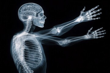 Poster - Detailed X-ray of a human skeleton with arms extended, showcasing the spinal column and brain structure