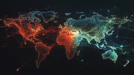 Poster - Colorful digital world map showing interconnected continents with data flow and information exchange, representing global communication and technology