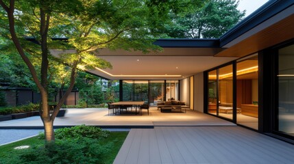 Wall Mural - Modern architectural design of a luxurious home with large glass windows and serene outdoor space at sunset