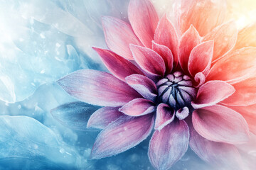 Poster - Close-up of frosted pink flower petals with icy textures, surrounded by soft light and a dreamy atmosphere, symbolizing winter elegance and natural beauty