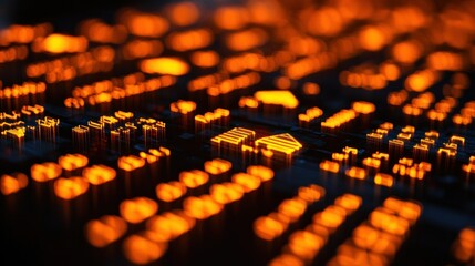 Poster - Abstract Digital Cityscape: Glowing Orange Metropolis