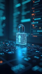 Fototapete - Digital padlock on tech interface. Cybersecurity concept. Data transfer safety. Privacy, risk management. File security. Modern tech. Secure data. Digital security. Protection. Secure access. Access