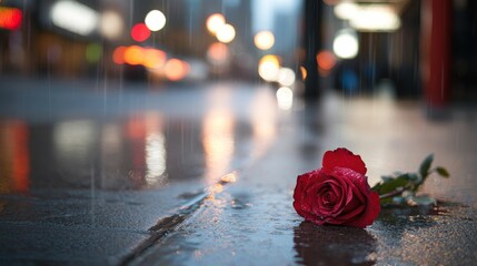 Canvas Print - Red rose on wet sidewalk with blurred lights.