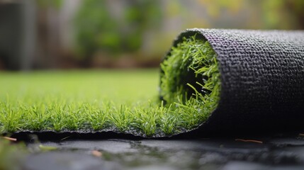 rolled green artificial grass in a backyard