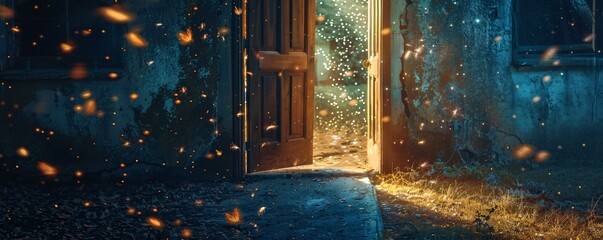 Poster - Abandoned house at night with fireflies flying through an open door emitting a magical light
