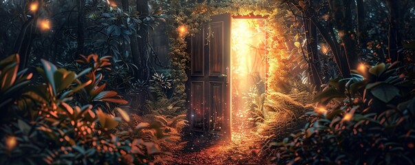 Poster - Mysterious doorway is glowing in a magical forest at night, fireflies adding to the wonder