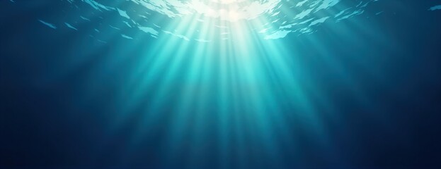 Aufkleber - Sunlight rays penetrate deep blue ocean water. Underwater scene shows light beams. Blue gradient fades to dark. Natural light aquatic photo. Minimalist design. Bright light contrasts with dark blue.
