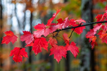 Poster - Soft focused forest background with a branch adorned in vibrant red maple leaves