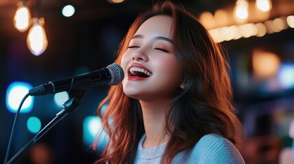 Wall Mural - Joyful young woman sings passionately into a microphone on stage surrounded by soft glowing lights