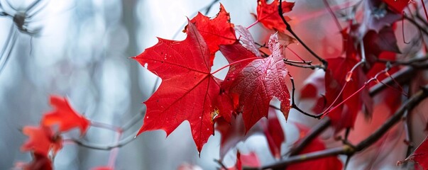 Poster - Blurred forest background with red maple leaves growing on a branch