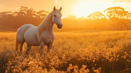 Fototapete - A stunning white horse poses elegantly amidst a blooming field as the sun sets, casting a golden hue across the serene landscape, creating a tranquil atmosphere.