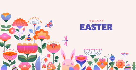 Wall Mural - happy easter, modern flat design with flowers, eggs and bunnies, pastel colors
