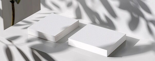 Poster - Two vacant square platforms with shadows from tropical plants for showcasing products