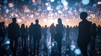 Poster - Silhouetted business people are walking towards glowing light under beautiful bokeh effect and starry night sky, concept of future, hope, success, and teamwork