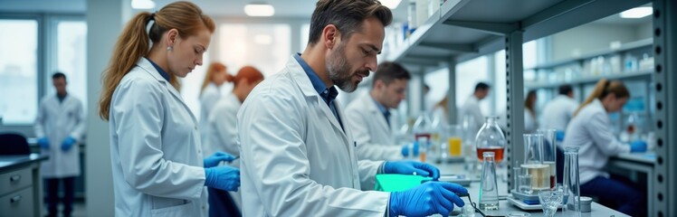Poster - Scientists in lab coats work intently in modern lab. Conducting research with various lab equipment. Collaboration, innovation evident in active pharmaceutical research environment. Team focuses on
