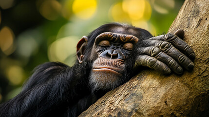 Poster - Chimpanzee resting peacefully on a tree in a natural forest environment, symbolizing wildlife serenity, connection to nature, and tranquility