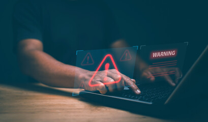 Poster - System warning alert, Man use laptop and connect to internet network and have warning alert on virtual screen. Virus, Spyware, Malware. Notification error and maintenance. System fault detection.