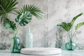 Poster - Empty marble podium displaying cosmetics products with tropical plants and concrete wall