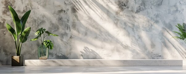 Poster - Sun shining through window illuminating empty shelf with lush houseplants casting shadows on textured wall