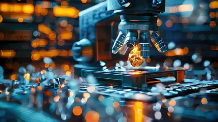 Poster - High tech futuristic digital microscope in scientific or medical laboratory for research