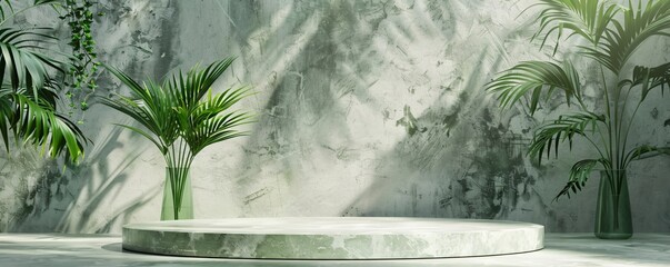 Poster - Green marble podium with sunlight and tropical plants on grunge wall background for cosmetic product placement