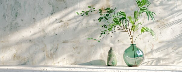 Poster - Sunlight casting shadows of plants in vases on a textured wall