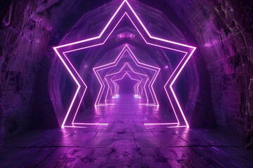Poster - Tunnel of glowing purple neon star-shaped lights illuminates a concrete space