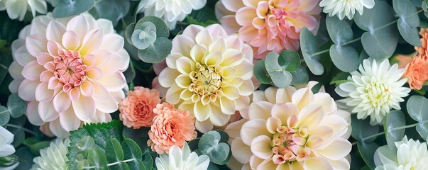 Poster - Romantic floral arrangement with pink and white dahlias and eucalyptus on a floral background