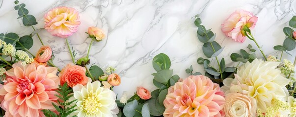 Poster - Vibrant floral arrangement with fresh colorful flowers and green leaves on a sunny marble surface