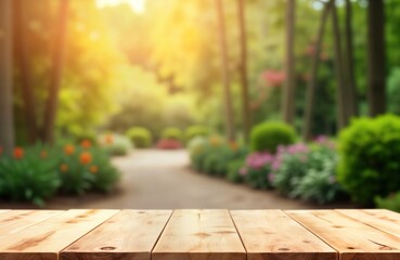 Poster - Empty wooden table sits outdoors in garden setting. Blurred background shows pathway surrounded by vibrant flowers, green plants. Sunlight filters through trees creating warm atmosphere. Ideal for