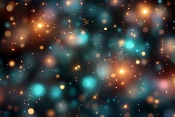 Poster - Magical bokeh lights in turquoise and orange colors create dreamy cosmic atmosphere against dark background, glowing particles effect for festive designs.