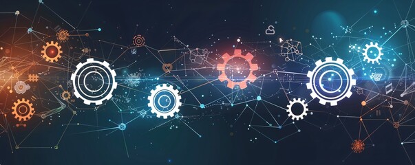 Aufkleber - Symbolizing innovation and teamwork in technology: abstract digital network connects gears in cyberspace