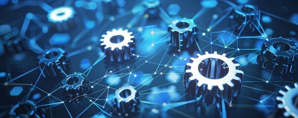 Poster - Global business and technology: metallic gears interconnecting on a network